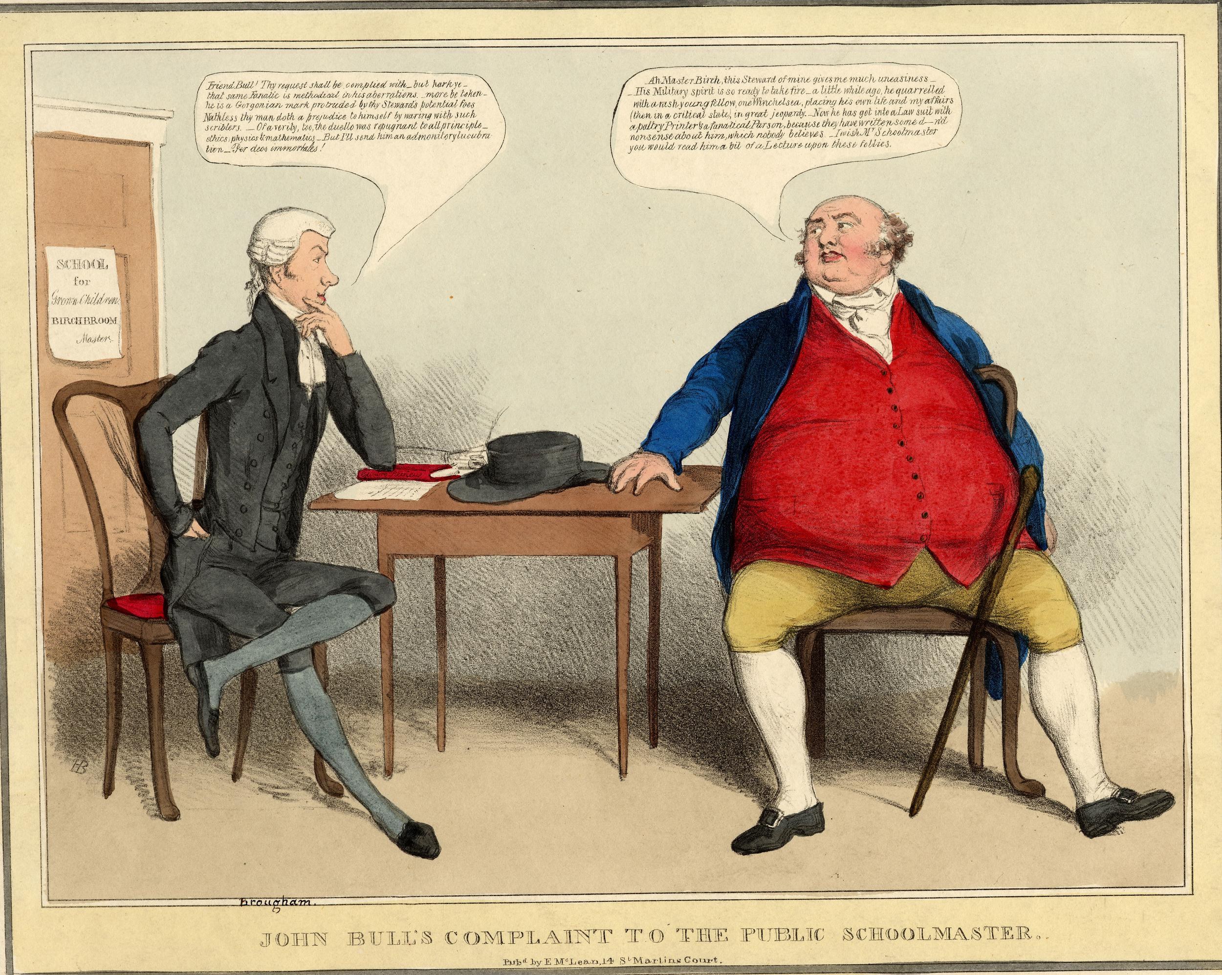 Zwei Personen sitzen sich über einen Tisch mit einem Hut und Papieren gegenüber, während ein Papier an der Wand hinter ihnen hängt.