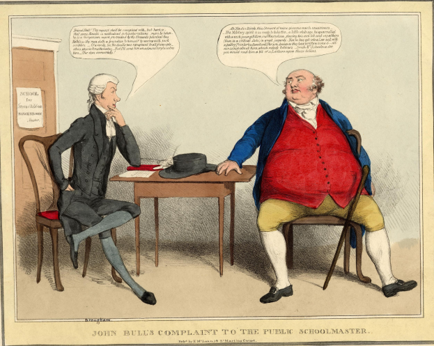 Zwei Personen sitzen sich über einen Tisch mit einem Hut und Papieren gegenüber, während ein Papier an der Wand hinter ihnen hängt.