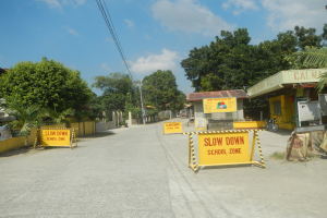 Eine Straße mit einem gelben "Slow Down School Zone"-Schild, geparkte Fahrzeuge auf der rechten Seite und ein Hintergrund aus Bäumen, Gebäuden, Polen, Drähten und Himmel.
