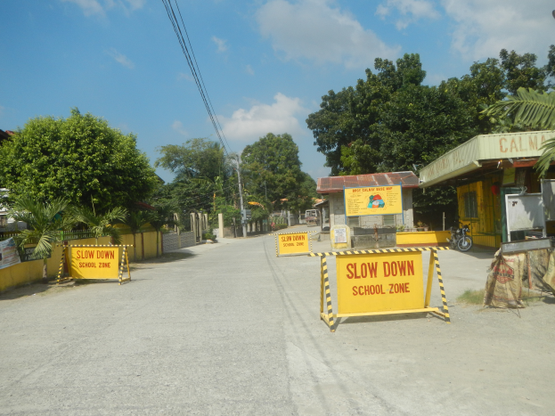 Eine Straße mit einem gelben "Slow Down School Zone"-Schild, geparkte Fahrzeuge auf der rechten Seite und ein Hintergrund aus Bäumen, Gebäuden, Polen, Drähten und Himmel.