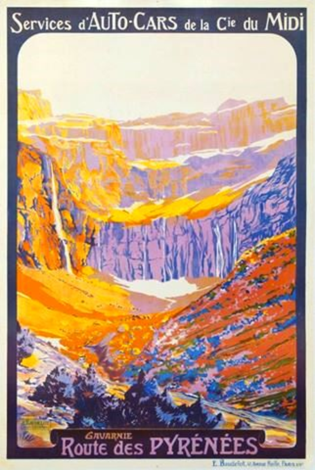 Ein Plakat, das eine Autowerkstatt in den Pyrenäen, Frankreich, bewirbt und eine Landschaft mit Hügeln, einen hellblauen Himmel und Text mit Serviceinformationen zeigt.