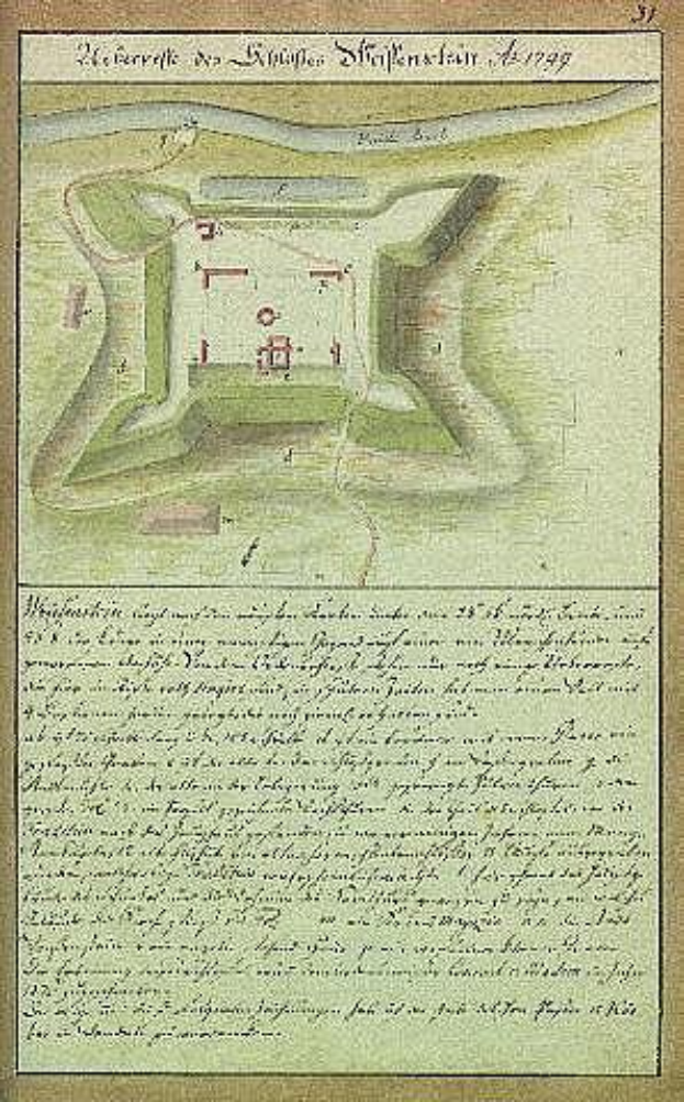 Ein altes Stadtplan von Stuttgart, Deutschland, mit einer Burg in der Mitte und begleitendem Text über die Größe, Lage und weitere Merkmale der Burg.
