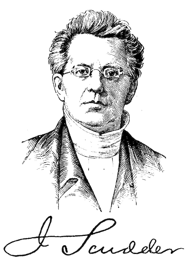 Ein Schwarz-Weiß-Zeichnung eines Mannes im Anzug mit zurückgekämmtem Haar und Brille, der konzentriert in die Ferne blickt, mit der Schrift "Ludwig Freud" in Fettschrift unten.