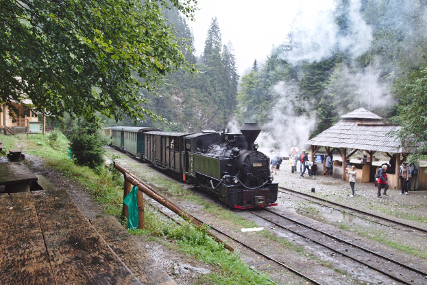 Eine Dampflokomotive auf Schienen mit hölzernen Tischen und Bänken auf der linken Seite, Bäume auf beiden Seiten, einige Menschen, eine Hütte und ein Haus auf der linken Seite.