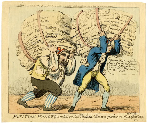 Zwei Karikaturenmännchen sind in eine körperliche Auseinandersetzung verwickelt, jedes hält ein großes Blatt Papier in der Hand.