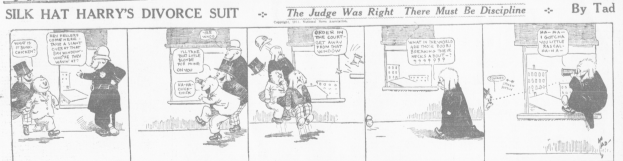 Eine Cartoon-Illustration eines Mannes in einem schwarzen Anzug und einer Frau in einem Kleid mit einem schwarzen Schultertuch, beide mit ernsten Gesichtern, mit dem Text "Scheidungsklage" auf dem Bild.