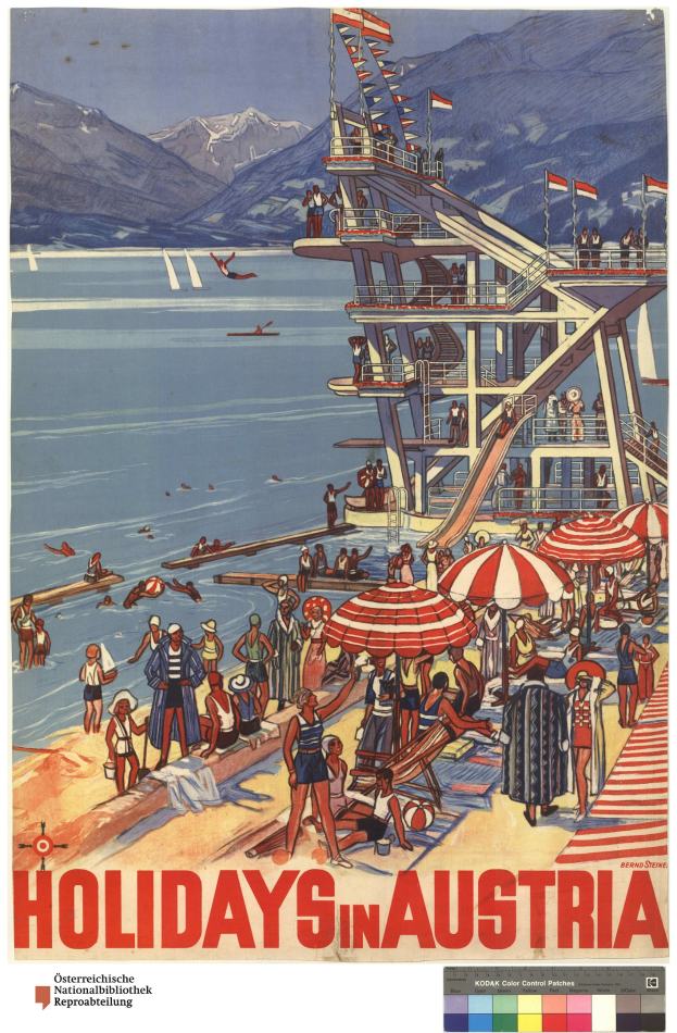Plakat für Österreich-Urlaub mit Menschen am Strand mit Schirmen, einem Schiff im Hintergrund, winkenden Flaggen, entfernten Bergen und Text.