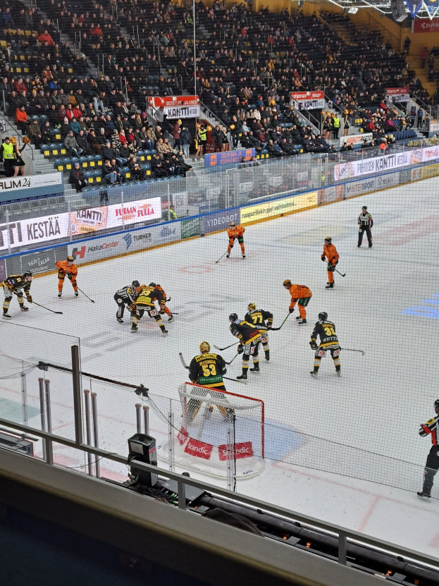 Gruppe von Menschen, die Hockey auf einem Eisplatz mit Netz und Umzäunung spielen, Zuschauern im Hintergrund, Schilder sichtbar, Stadionbeleuchtung erhellt den Bereich.
