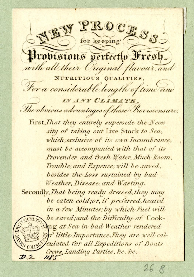 Papier mit gedrucktem Text, der "Neues Verfahren zum Erhalten von Probiotika perfekt frisch" lautet, und einem Stempel auf der linken Seite.