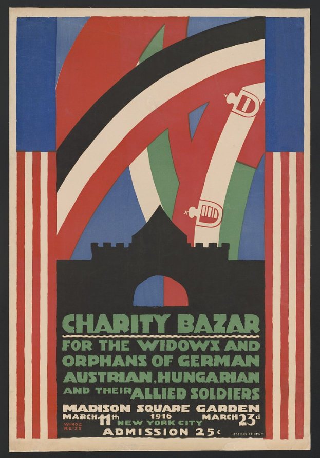 Plakat für einen Wohltätigkeitsbasar zugunsten der Witwen und Waisen von Soldaten verschiedener Nationen, mit Text zu den Einzelheiten des Events.