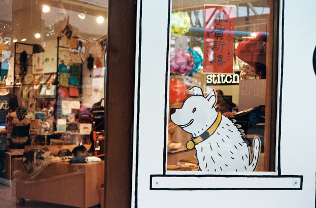 Eine Abbildung eines Hundes mit Text auf der rechten Seite und links ein Raum mit Lampen, Flaggen, Regalen, Sofas, Kleidung, Dekorationen, Menschen, Stühlen und diversen anderen Gegenständen.