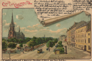Alte Postkarte zeigt eine deutsche Stadtstraße mit Gebäuden, Bäumen, Fahrzeugen, Menschen, Strommasten und einem bewölkten Himmel, einschließlich handgeschriebener Texte.