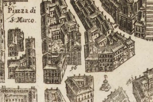 Ein detailliertes Stadtplan-Diagramm mit verschiedenen einzigartig gestalteten Gebäuden auf Papier, das zusätzliche Text enthält.