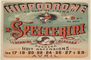 Ein Vintage-Plakat, das ein Hippodrom-Event am Pont de l'Alma ankündigt, mit einem Radfahrer mit einem menschlichen Gesicht auf dem Rahmen des Fahrrads, mit beschreibendem Text.