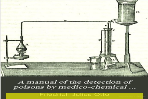 Ein Plakat mit der Aufschrift "Eine Anleitung zur Detektion von Giften durch Medizinalchemie" mit einem zentralen Bild eines mit Flüssigkeit gefüllten Reagenzglases, umgeben von anderen Reagenzgläsern und Reagenzröhrchen.