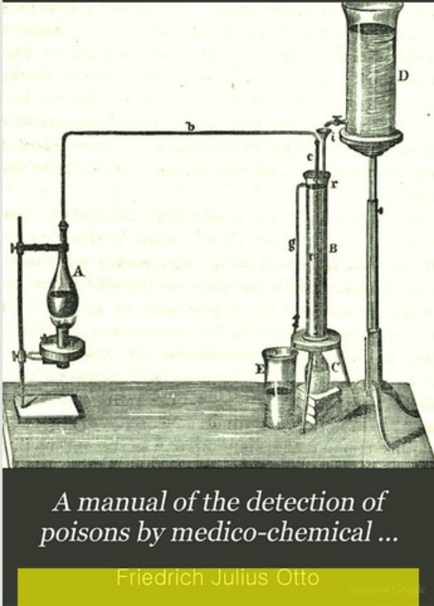 Ein Plakat mit der Aufschrift "Eine Anleitung zur Detektion von Giften durch Medizinalchemie" mit einem zentralen Bild eines mit Flüssigkeit gefüllten Reagenzglases, umgeben von anderen Reagenzgläsern und Reagenzröhrchen.