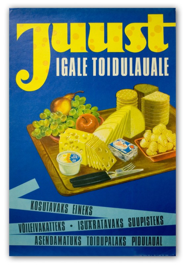 Ein Plakat mit verschiedenen Lebensmitteln wie Obst, einem Messer und einer Schüssel sowie geschriebenem Text.