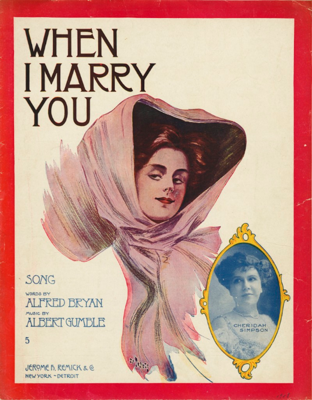 Ein Buchumschlag mit einer Frau mit sanftem Gesichtsausdruck, die ein weißes Kleid und einen gemusterten Schal trägt, unter dem Titel "Wenn ich dich heirate Noten", vor einem hellblauen Himmel mit weißen Wolken.