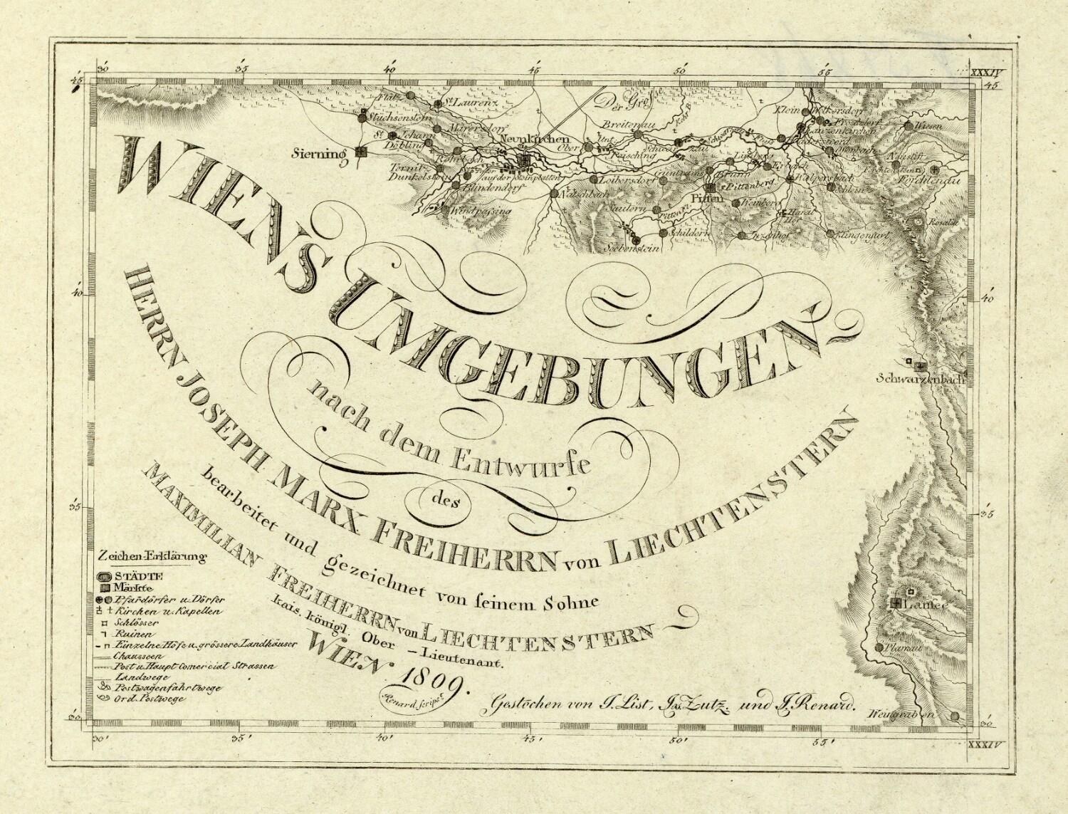 Detailierte alte Karte von Wien, Deutschland, die geographische Merkmale, Städte, Ortschaften, Straßen, Sehenswürdigkeiten und Text mit zusätzlichen Informationen wie der Bevölkerung zeigt.
