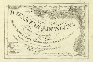 Detailierte alte Karte von Wien, Deutschland, die geographische Merkmale, Städte, Ortschaften, Straßen, Sehenswürdigkeiten und Text mit zusätzlichen Informationen wie der Bevölkerung zeigt.