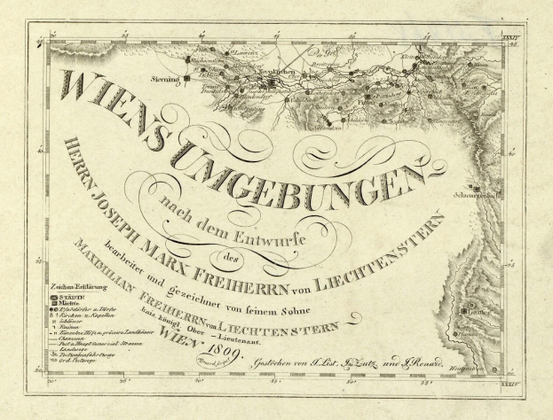 Detailierte alte Karte von Wien, Deutschland, die geographische Merkmale, Städte, Ortschaften, Straßen, Sehenswürdigkeiten und Text mit zusätzlichen Informationen wie der Bevölkerung zeigt.