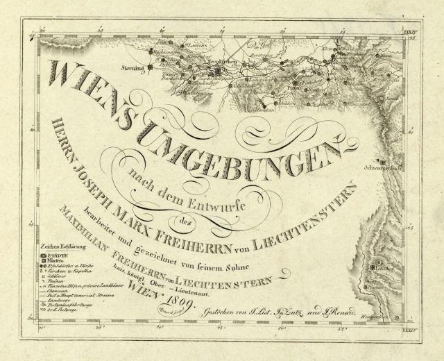 Detailierte alte Karte von Wien, Deutschland, die geographische Merkmale, Städte, Ortschaften, Straßen, Sehenswürdigkeiten und Text mit zusätzlichen Informationen wie der Bevölkerung zeigt.