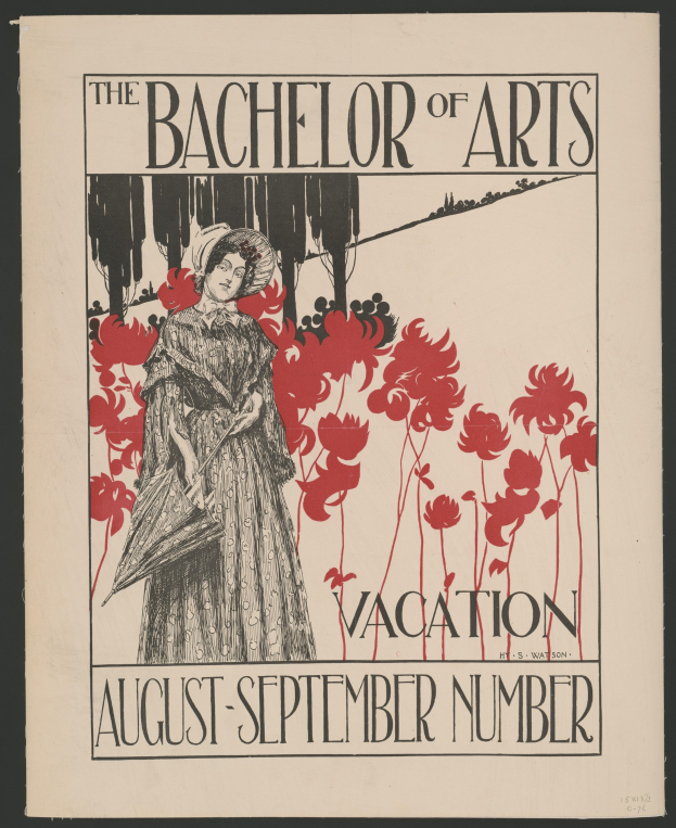 Plakat mit schwarzem Hintergrund, das eine Frau in einem weißen Kleid mit blauer Stola und weißem Hut zeigt, die in einem Feld gelber Blumen unter einem blauen Himmel steht, Text lautet 'The Bachelor of Arts Vacation August-September Number' in weißer Schrift mit goldenem Rand.