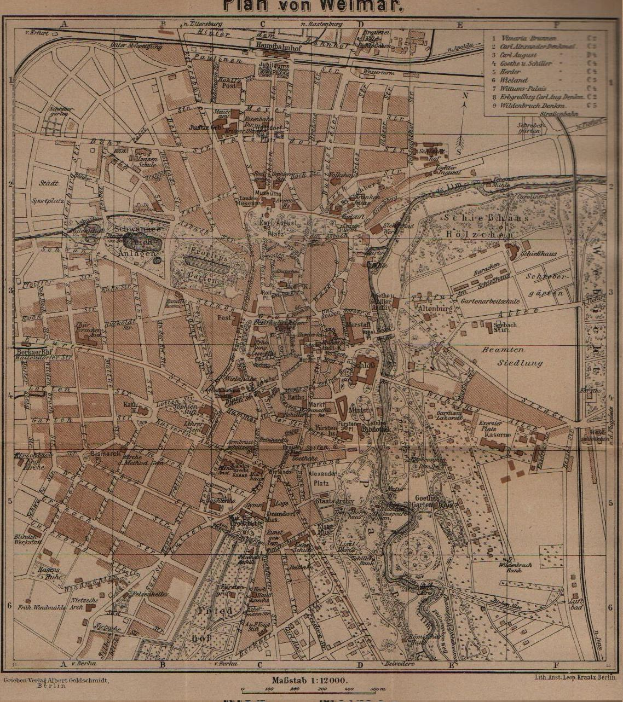 Ein detaillierter historischer Stadtplan von Weimar, Deutschland, der Straßen, Gebäude und Sehenswürdigkeiten zeigt.