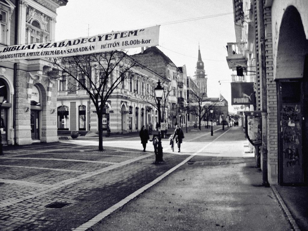 Eine Straßenszene mit Gebäuden auf beiden Seiten, ein Banner im oberen linken Eck, Laubbäume, dekorative Laternen und einige Fußgänger