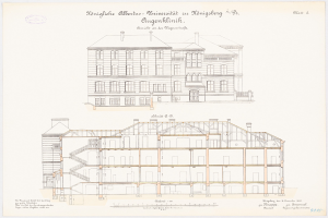 Eine Zeichnung eines großen Gebäudes mit vielen Fenstern, das als Universität Hamburg beschriftet ist, begleitet von Text auf dem Papier.