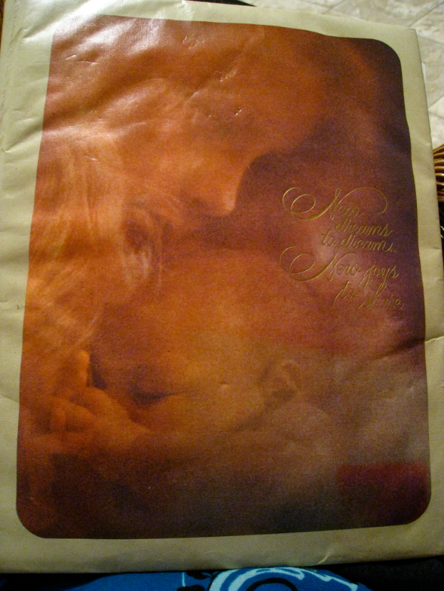 Ein Druck eines Menschen, der ein Baby hält, mit einigen Wörtern auf dem Cover.