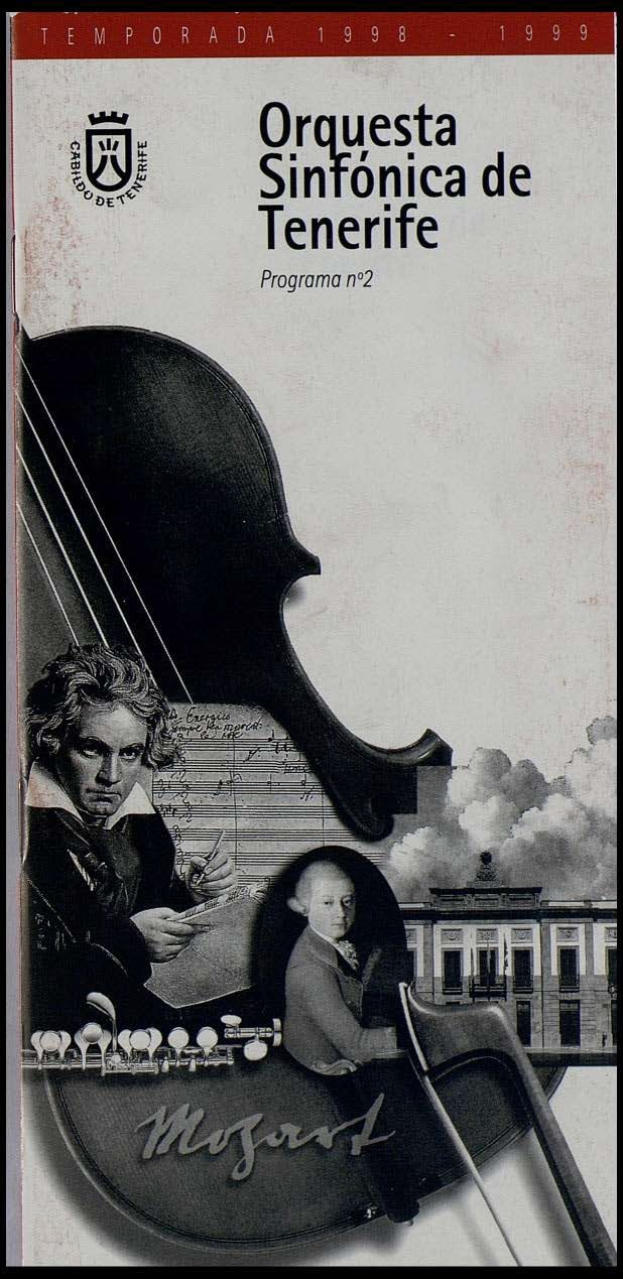 Plakat für das zweite Programm der Sinfonieorchester Teneriffas, das Mozarts Symphonie Nr. 2 in D-Moll, Op. 63, mit zwei Geigerinnen im Vordergrund und einem Gebäude im Hintergrund enthält.