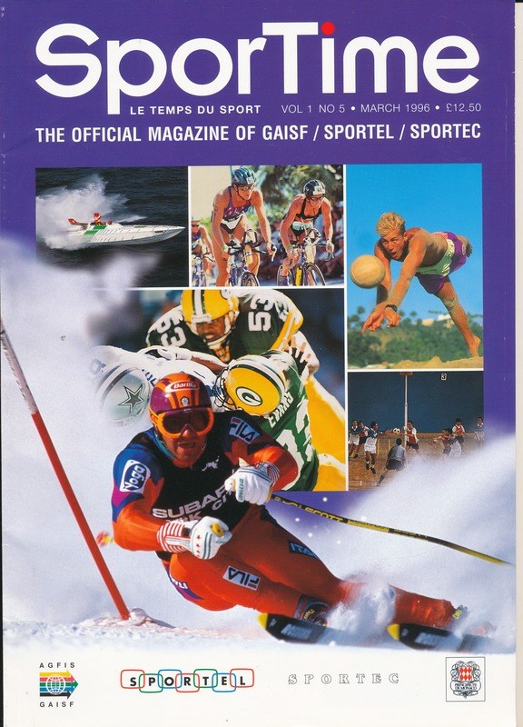 Ein Magazin-Cover mit der Überschrift 'Sporttime Magazine - März 1996', das Bilder von Skifahrern und Snowboardern sowie Text und Logos zeigt.