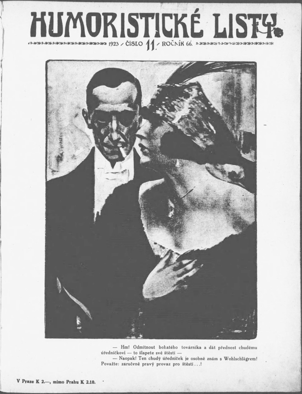 Schwarz-weißes Magazin-Cover mit der Aufschrift 'Humoristische Liste', das einen Mann in einem Anzug mit ernster Miene und eine Frau zeigt, die wegsieht und leicht schmunzelt.