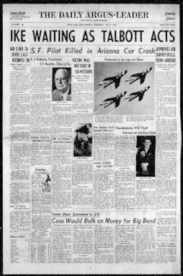 Titelseite der Daily Argus-Leader Zeitung aus Arizona mit schwarzem Hintergrund, Headline "Ike Waiting as Talbott Acts" und Bilder von Menschen und Flugzeugen.