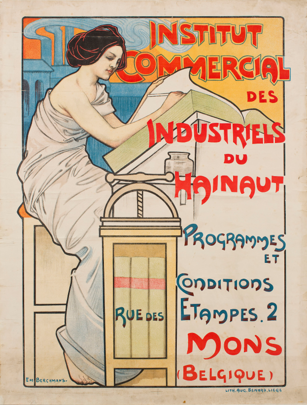 Eine Frau sitzt an einem Tisch mit einem Buch in den Händen auf einem Plakat, das das Institut Commercial des Industriels du Hainaut bewirbt, mit Text, der Informationen über das Institut und seine Dienstleistungen bereitstellt.