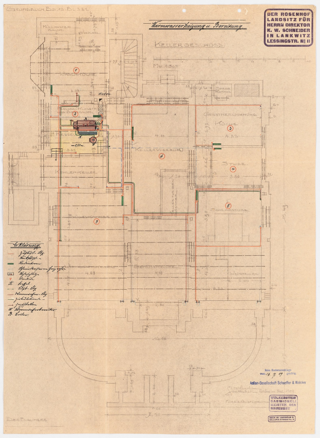 Schwarz-weißes Architekturzeichnung des Rosenhof-Krankenhauses in Hamburg, Deutschland, mit detailliertem Grundriss von Zimmern, Fluren und elektrischer Verkabelung.