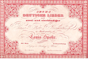 Altes deutsches Wertpapier mit der Aufschrift "Louis Spohr - Zweites Deutsches Lieder" und einem roten Rand.