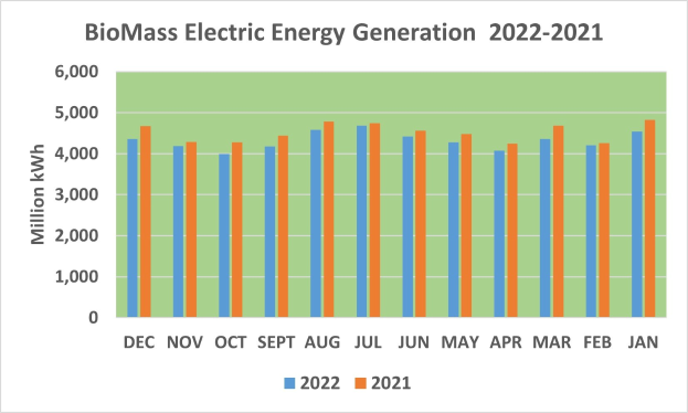 Liniengraph, der die biomasse-elektrische Energieerzeugung von 2021 bis 2022 zeigt, mit begleitendem erklärendem Text.