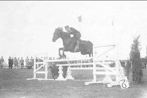 Altes Schwarz-Weiß-Foto eines kastanienbraunen Pferdes mit einer weißen Blesse, das über ein Hindernis springt, geritten von einer Person in weißem Hemd und schwarzen Hosen, mit Zuschauern und Bäumen im Hintergrund.
