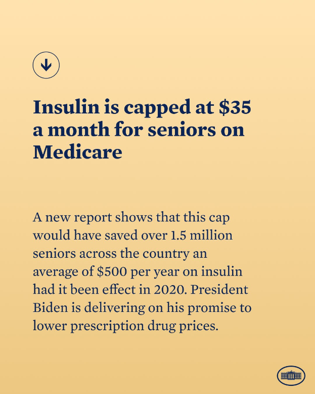 Ein Plakat mit Text und Logo, auf dem steht: 'Insulin ist auf 35 Dollar pro Monat für Senioren mit Medicare begrenzt'.