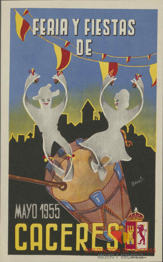 Ein buntes Plakat wirbt für das "Feria y Fiestas de Caceres"-Faschingsfest in Spanien, das Menschen in traditioneller Kleidung auf einem hellgelben Hintergrund zeigt, sowie weitere Informationen und ein Festival-Logo.