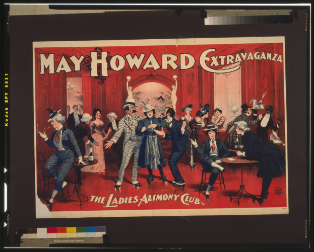 Plakat für das May Howard Extravaganza im Ladies Alimony Club, das eine Gruppe von Menschen an Tischen mit Text zeigt.