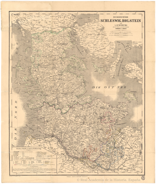 Ein altes Deutschland-Karte mit sichtbaren Provinzen von Schleswig-Holstein und dem Rhein, auf Papier gedruckt mit detailliertem Text über die Region.