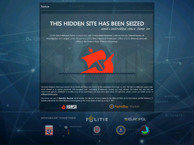 Ein Computerbildschirm mit einer Beschlagnahmungsanzeige, auf der in fetter, schwarzer Schrift der Text 'Diese verdeckte Website wurde beschlagnahmt' steht und ein weißer Rahmen sowie das Logo der niederländischen Polizei mit einem blauen Hintergrund und einem weißen Stern in der Mitte zu sehen ist.
