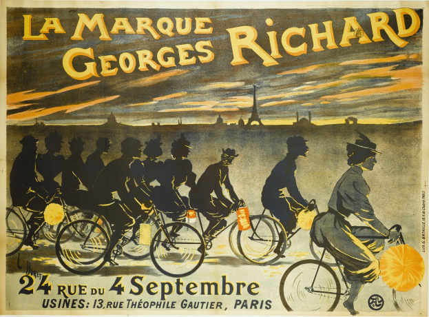 Ein Plakat, das ein Fahrradrennen in Paris, Frankreich, ankündigt, mit einer Gruppe von Radfahrern und dem Eiffel-Turm im Hintergrund und einem Text, der das Ereignis beschreibt.