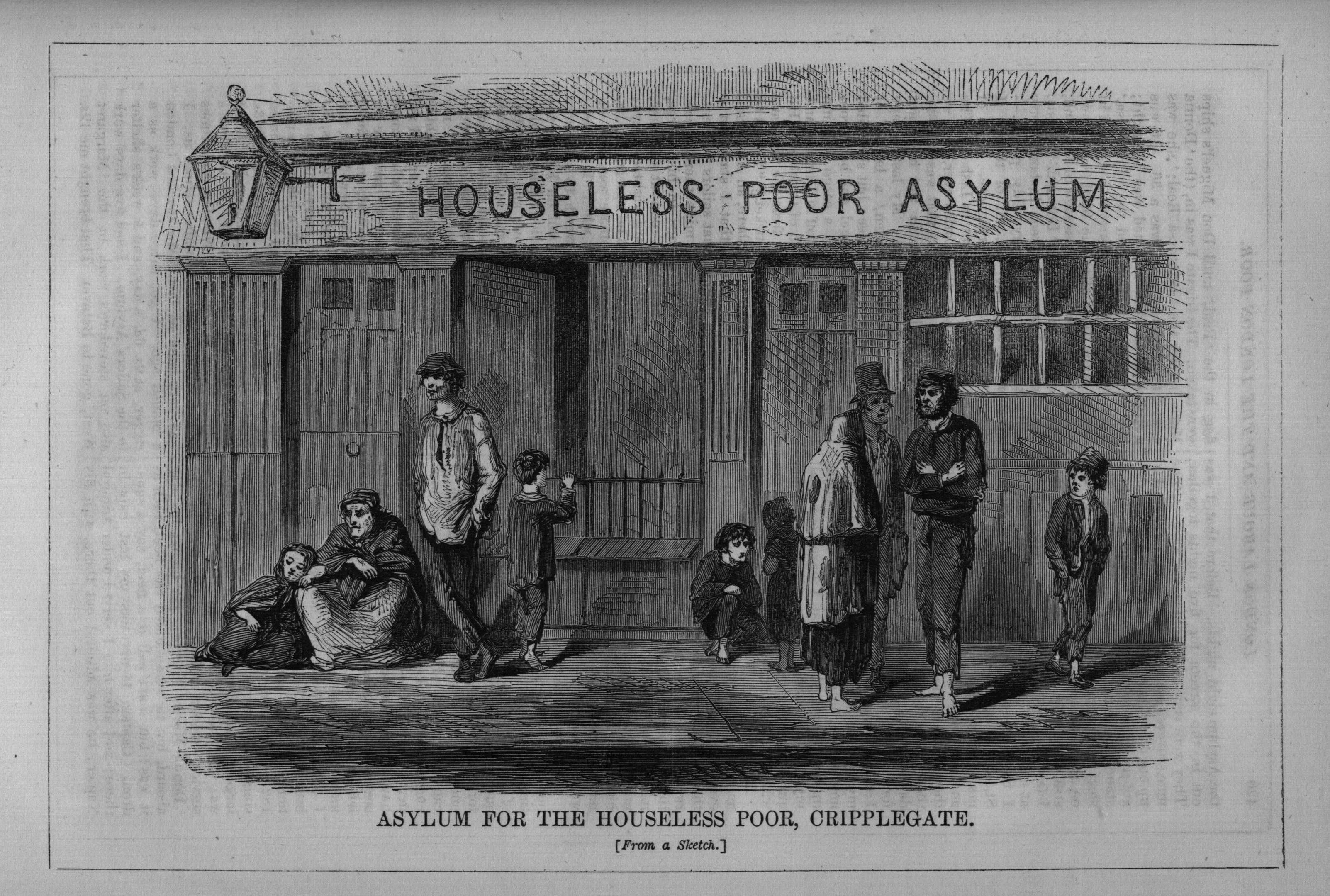 Schwarzes und weißes Zeichnung von Menschen, die vor einem Gebäude mit der Aufschrift "Asyl für Obdachlose, Cripplegate" stehen, mit beleuchteten Türen und Fenstern.