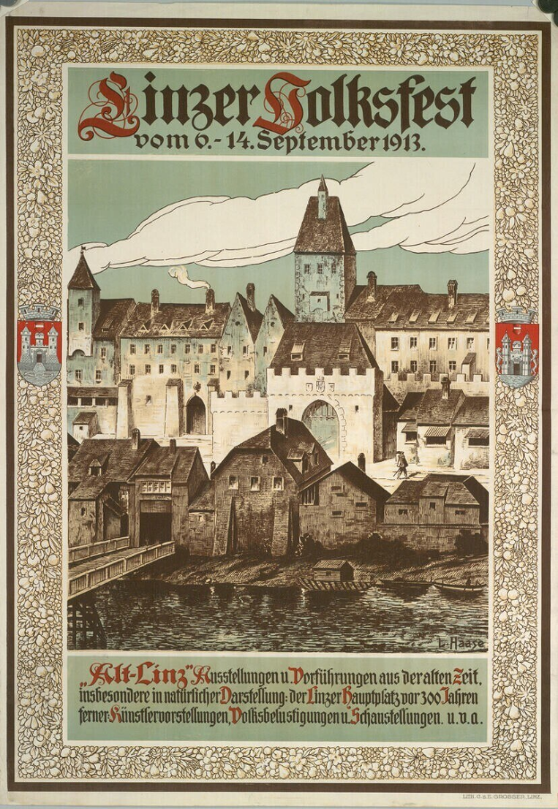 Altes deutsches Festivalplakat mit einer Burgenillustration umgeben von Häusern, das Text über das Ereignis enthält.