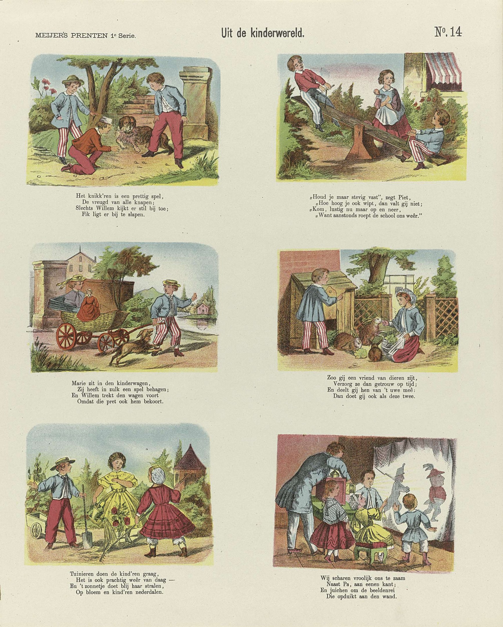 Ein aufgeschlagenes Buch mit illustrierten Kindern, die in einem Park spielen, umgeben von Bäumen, Gebäuden und einem Wagen, mit begleitendem Text.