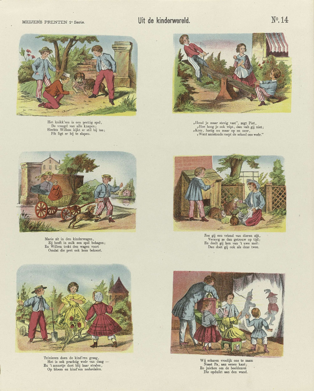 Ein aufgeschlagenes Buch mit illustrierten Kindern, die in einem Park spielen, umgeben von Bäumen, Gebäuden und einem Wagen, mit begleitendem Text.